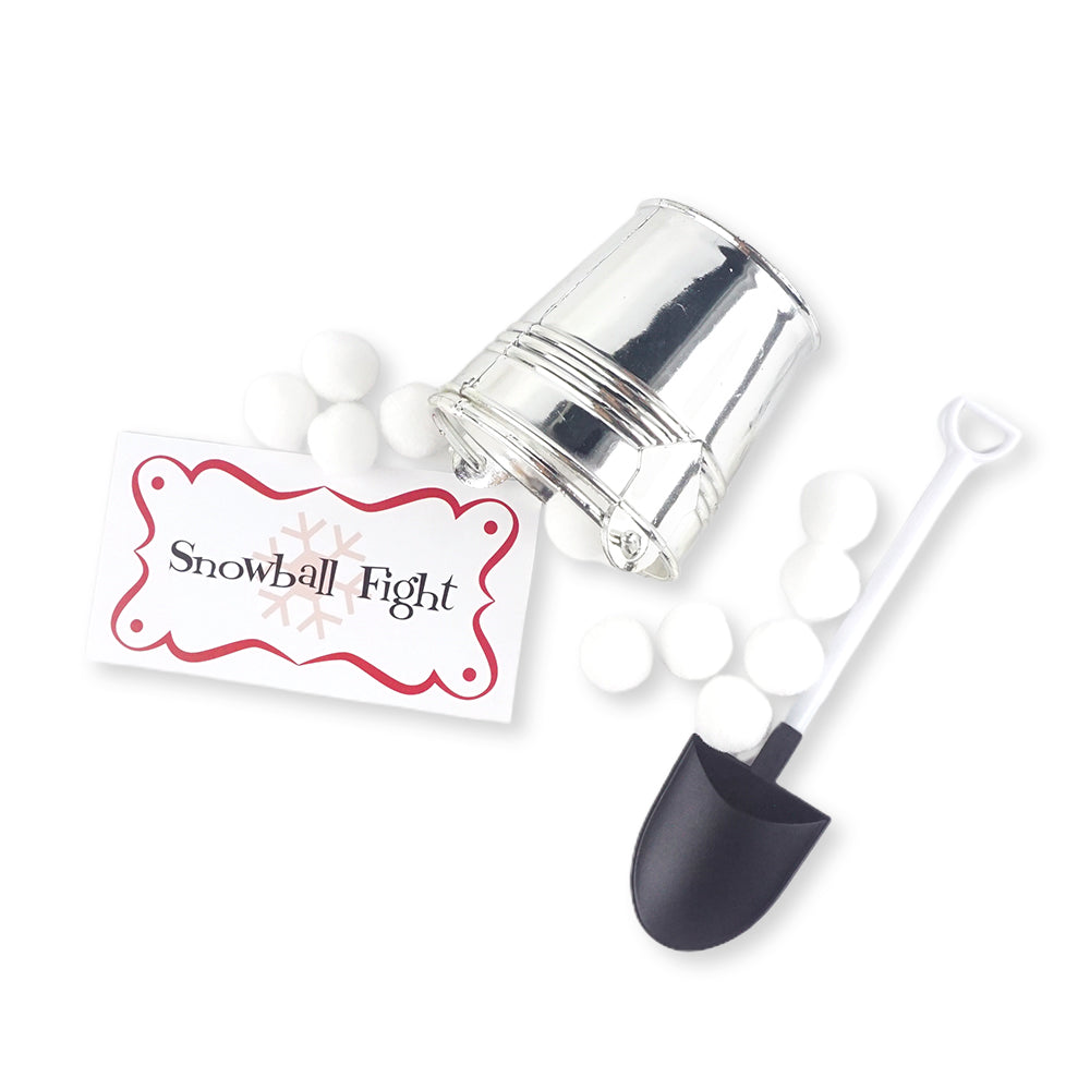 Christmas elf prop set with mini bucket, shovel, snowballs, and sign for a holiday elf display.