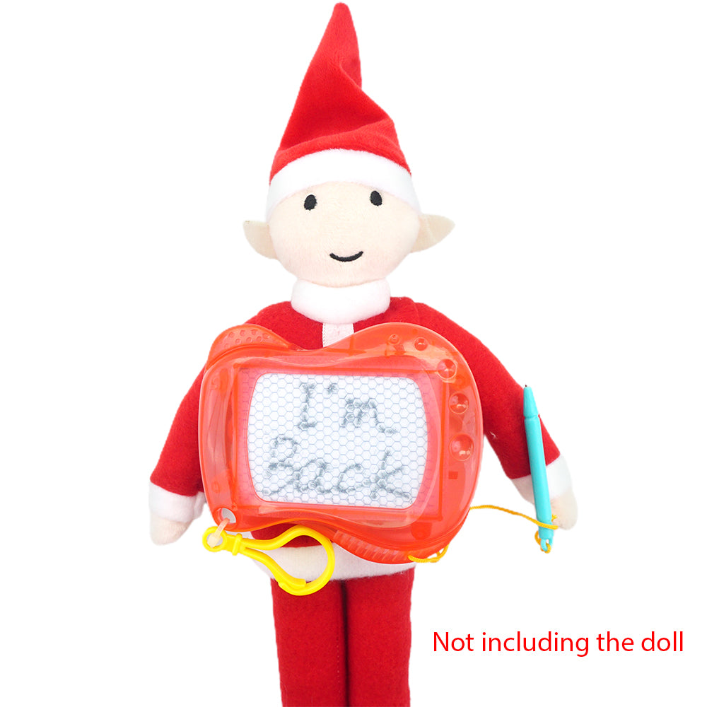 Christmas elf prop set with mini magnetic drawing board and attached pen for a holiday elf display.