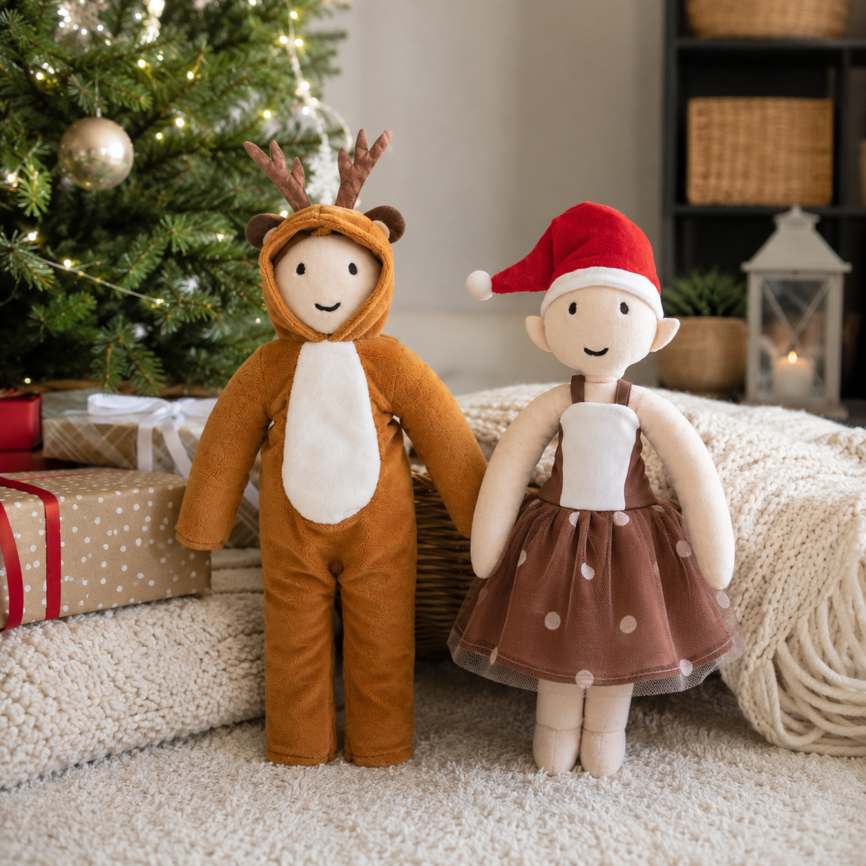 Christmas elf prop set with a brown reindeer jumpsuit, antler hood, and polka-dot holiday dress.