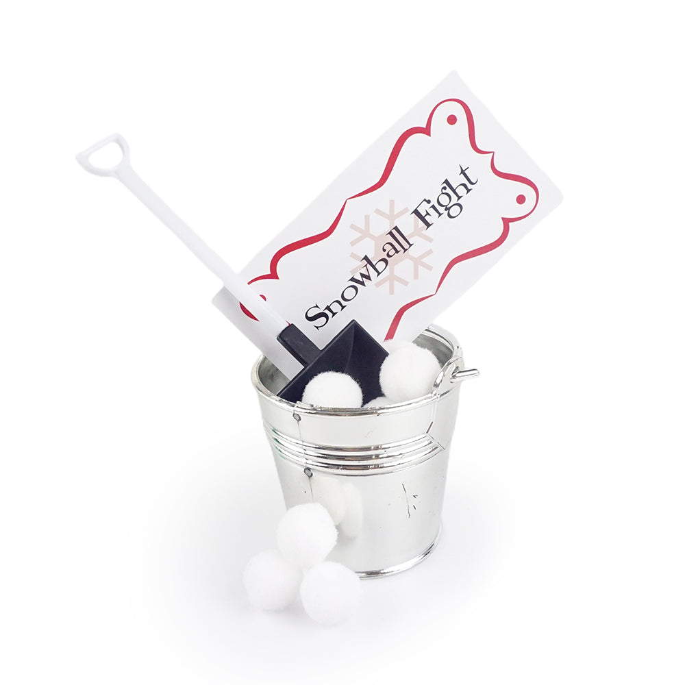 Christmas elf prop set with mini bucket, shovel, snowballs, and sign for a holiday elf display.