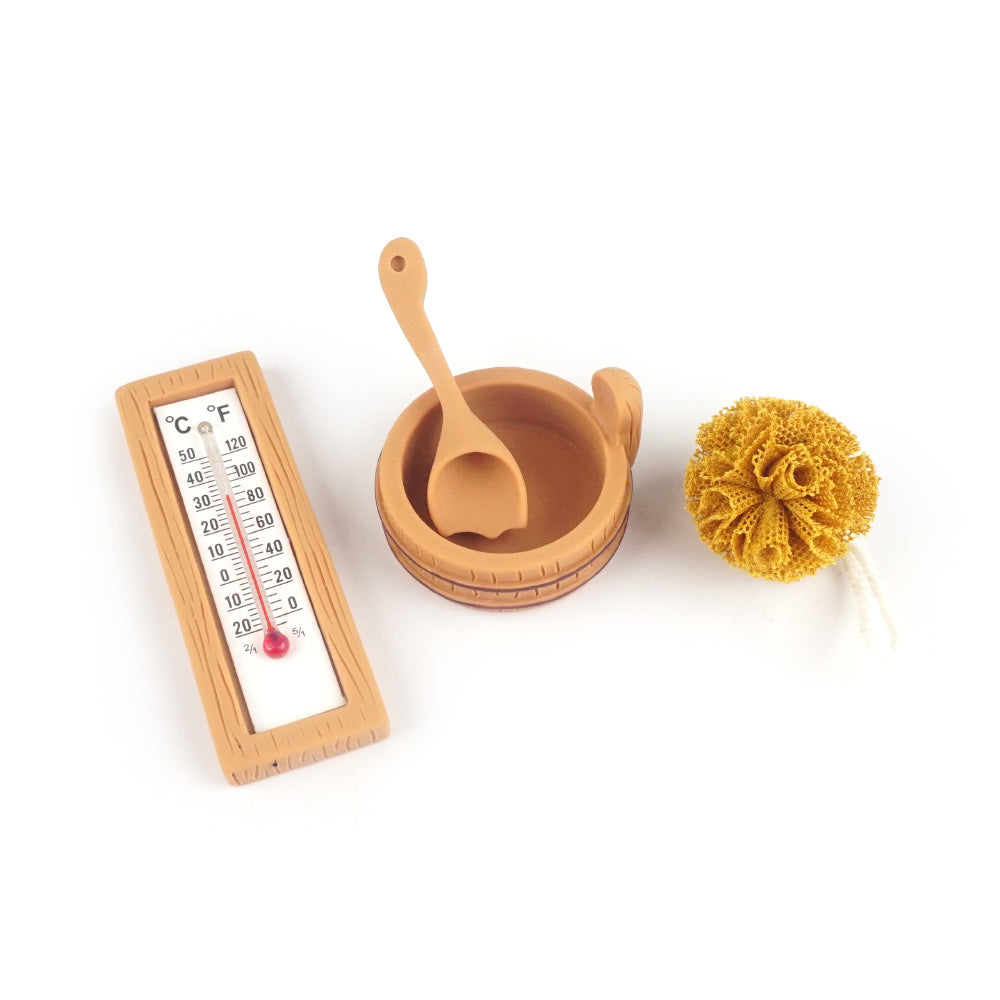 Christmas elf prop set with mini thermometer, bath bucket, scoop, and sponge for a holiday elf display.