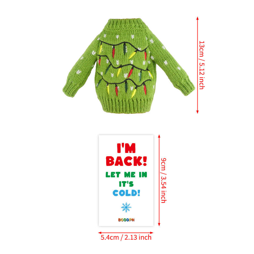 Christmas elf sweater prop set with green winter sweater and activity card for holiday elf scene display