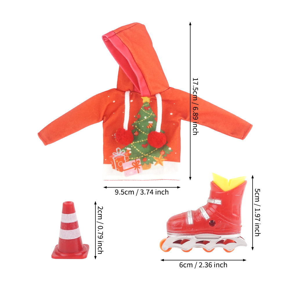 Christmas elf prop set with a tree-print hoodie, roller skates, cones, and activity card.