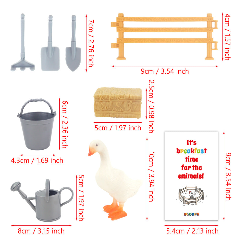 Christmas elf prop set with farm fence, wheelbarrow, tools, mini vegetables, goose figure, and activity card for holiday elf scene display