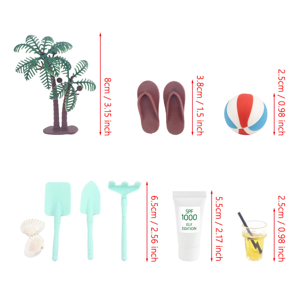Christmas elf prop set with beach ball, mini tools, flip flops, palm tree, and activity cards for holiday elf scene display