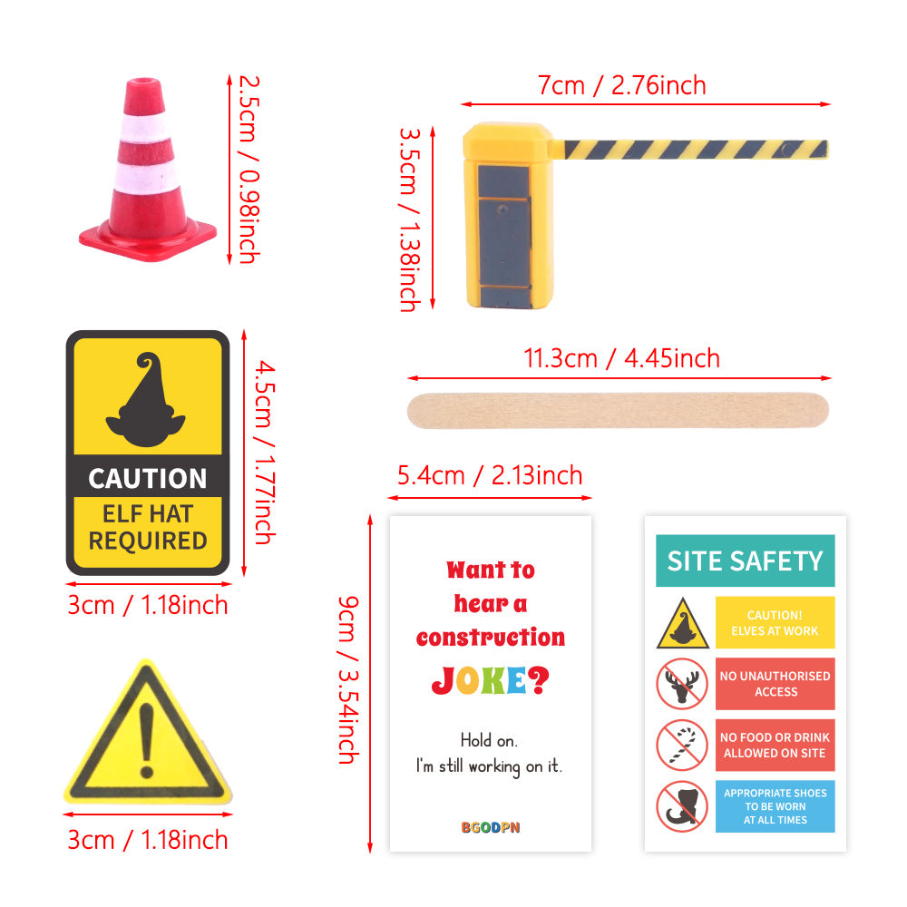 Christmas elf prop set with wooden craft sticks, traffic cone, parking gate, warning signs, and activity cards for holiday elf scene display