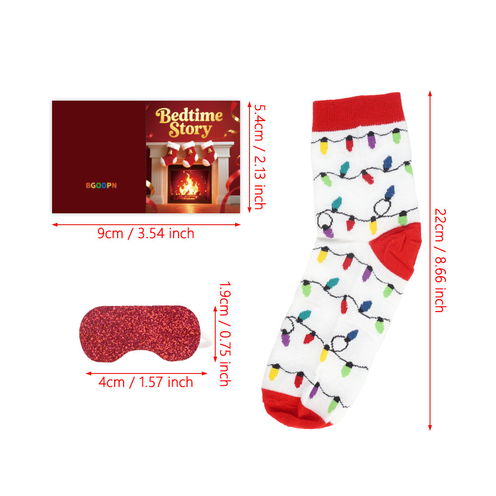 Christmas elf prop set with holiday sock, bedtime story card, sign, and sleep mask for a holiday elf display.