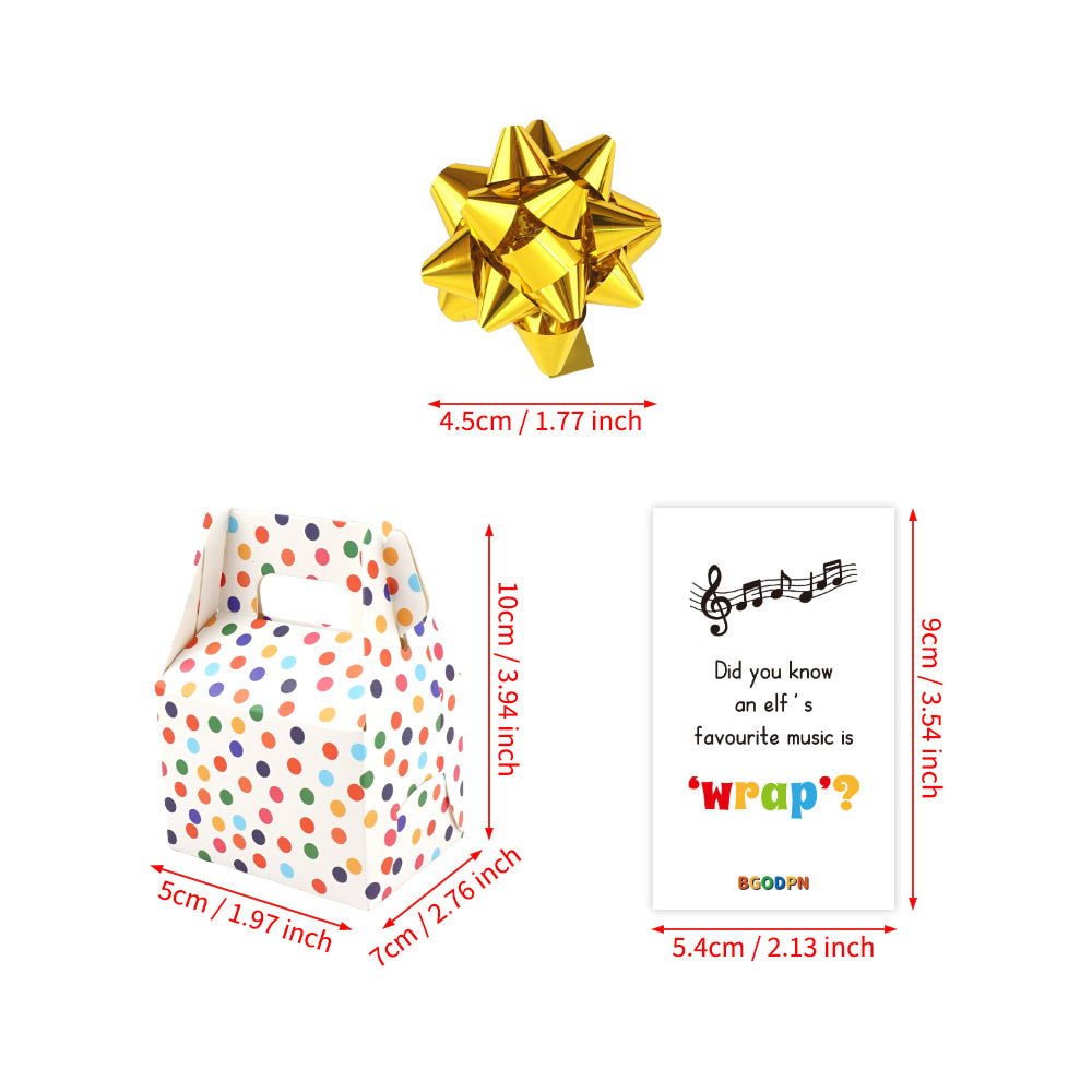 Christmas elf prop set with polka dot gift box, gold gift bow, and activity card for holiday elf display