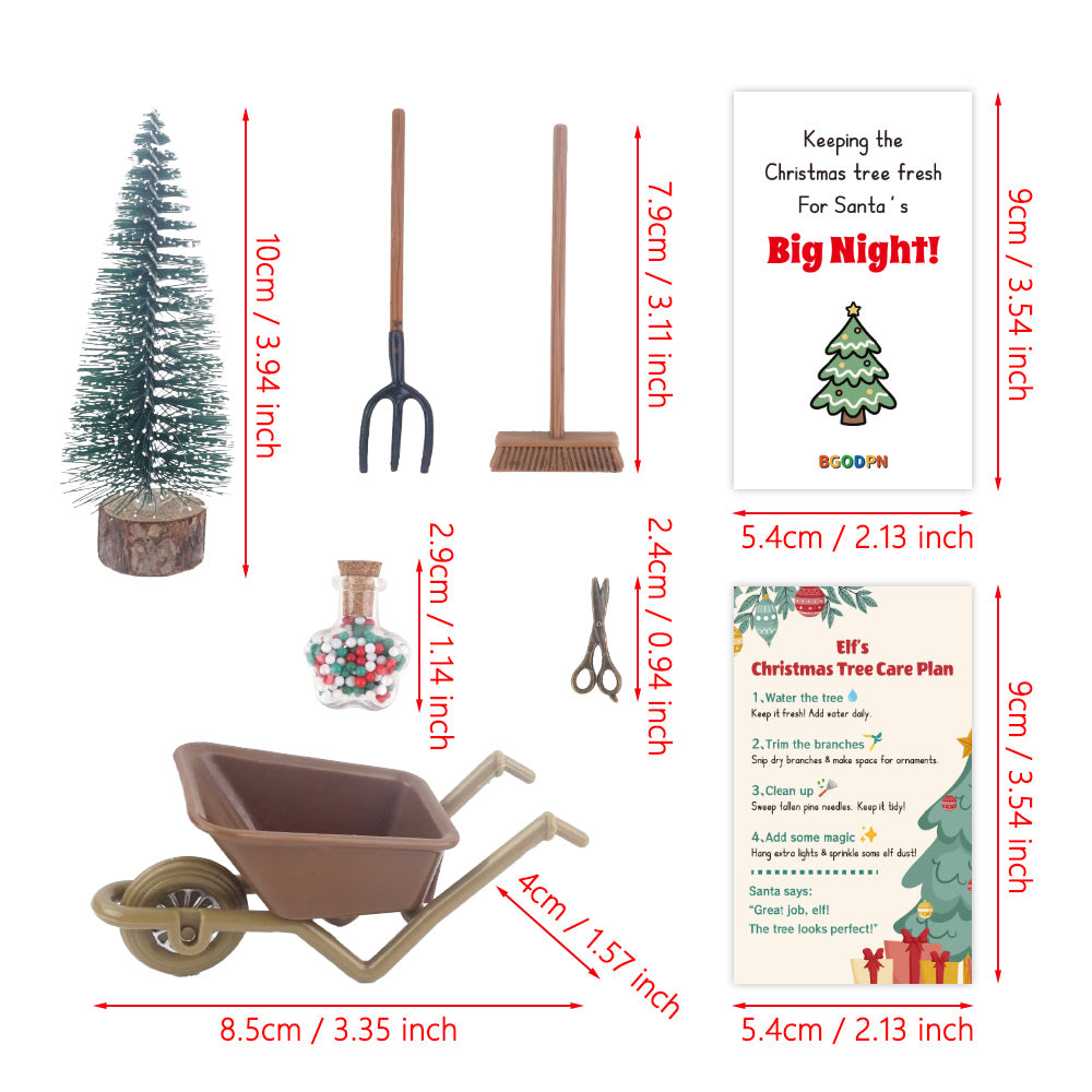 Christmas elf prop set with mini tree, wheelbarrow, tools, star jar, and activity cards for holiday elf display