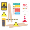 Christmas elf prop set with wooden craft sticks, traffic cone, parking gate, warning signs, and activity cards for holiday elf scene display