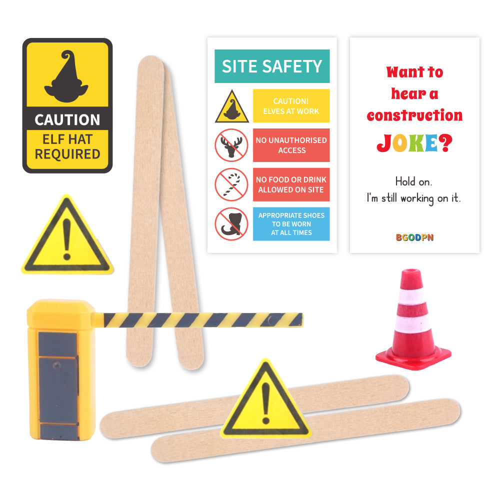Christmas elf prop set with wooden craft sticks, traffic cone, parking gate, warning signs, and activity cards for holiday elf scene display