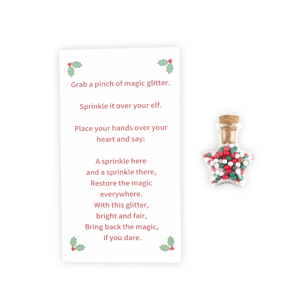 Christmas elf prop set with magic note card and star bottle for a holiday elf display.
