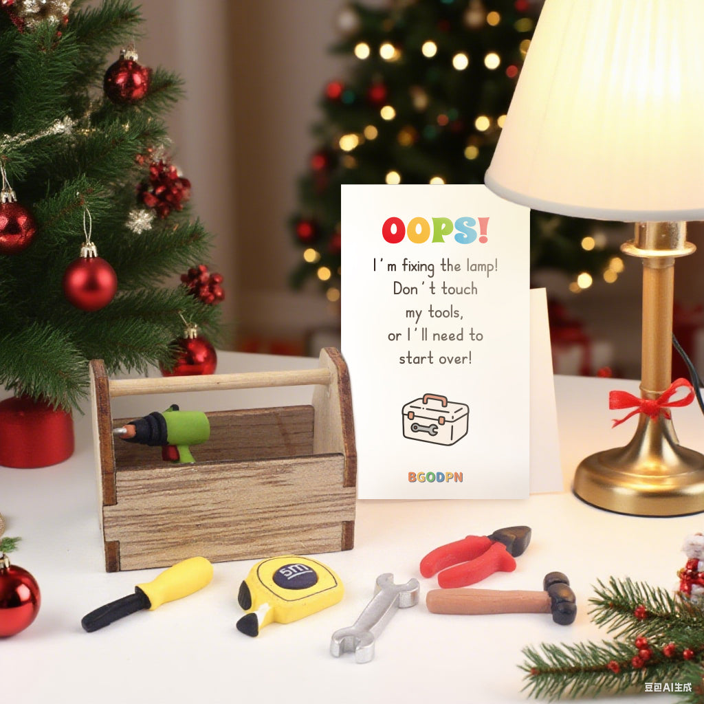 Christmas elf prop set with wooden tool box, mini tools, and activity card for holiday elf display