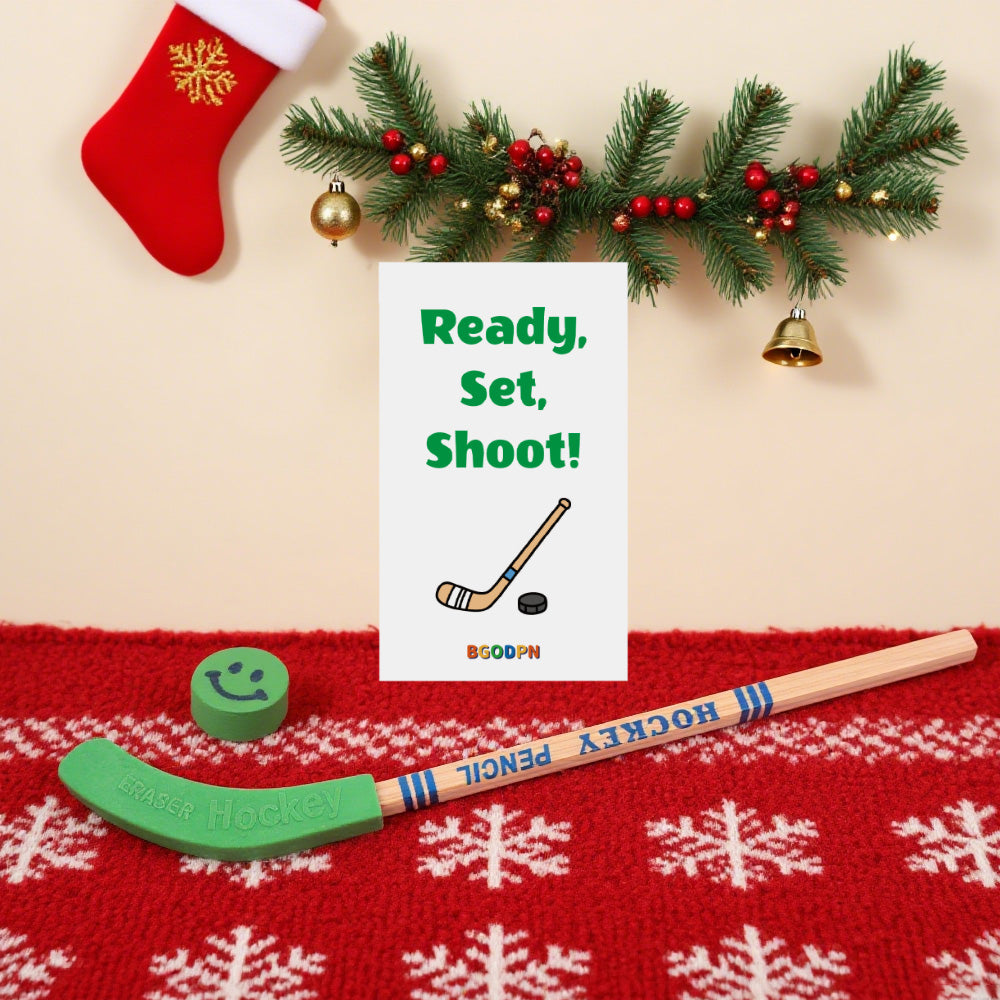 Christmas elf prop set with hockey stick pencil, puck eraser, and activity card for holiday elf scene display