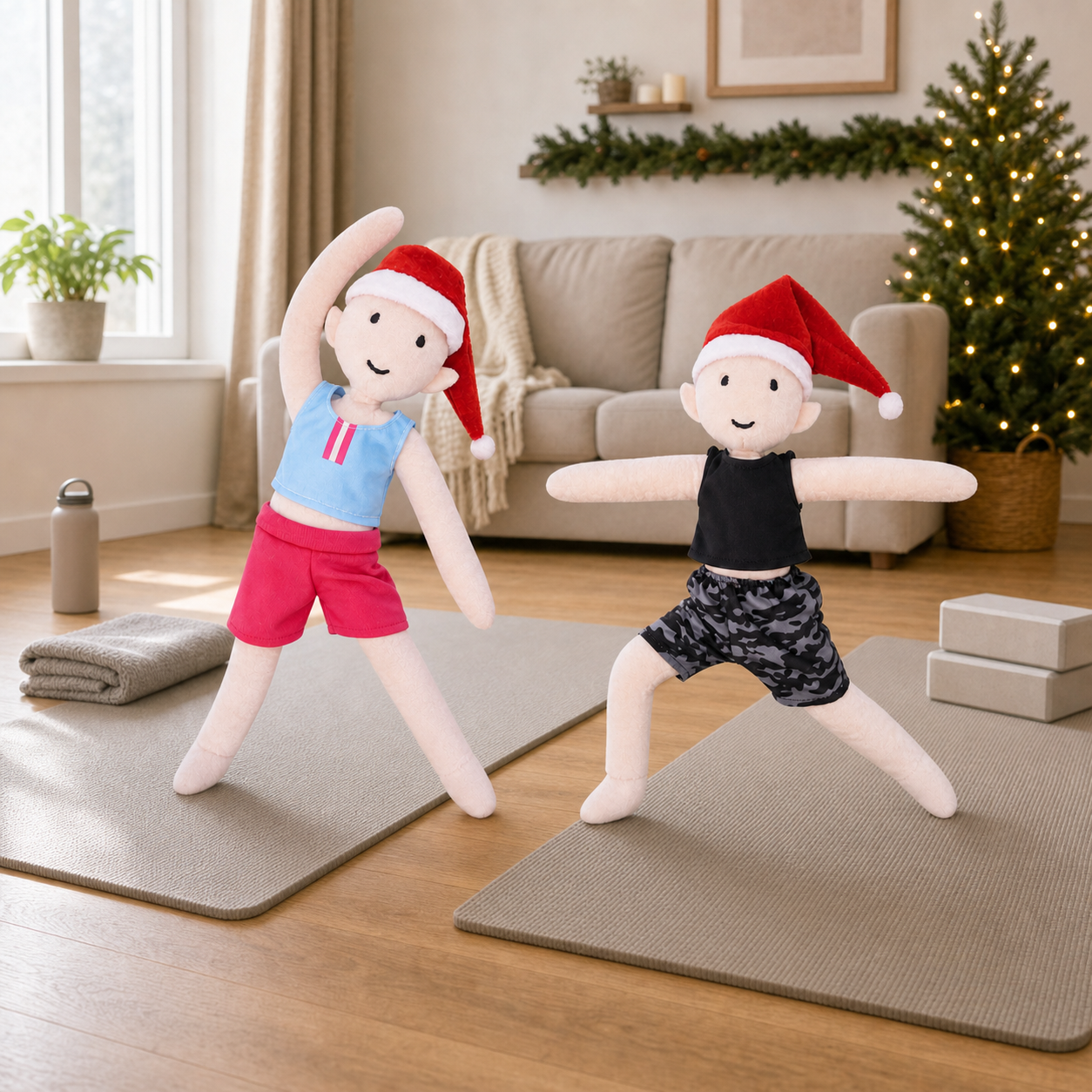 Christmas elf prop set with pink and black sports outfits, matching shorts, and headbands.