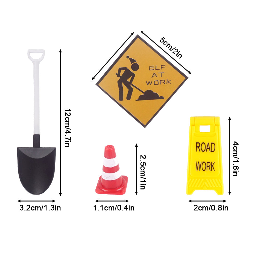 Christmas elf prop set with mini shovel, traffic cone, road work signs, and activity card for a holiday elf display.