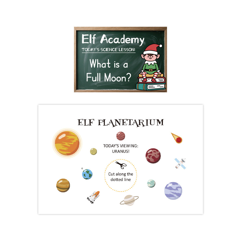 Christmas elf prop set with planetarium poster and full moon lesson card for holiday elf scene display