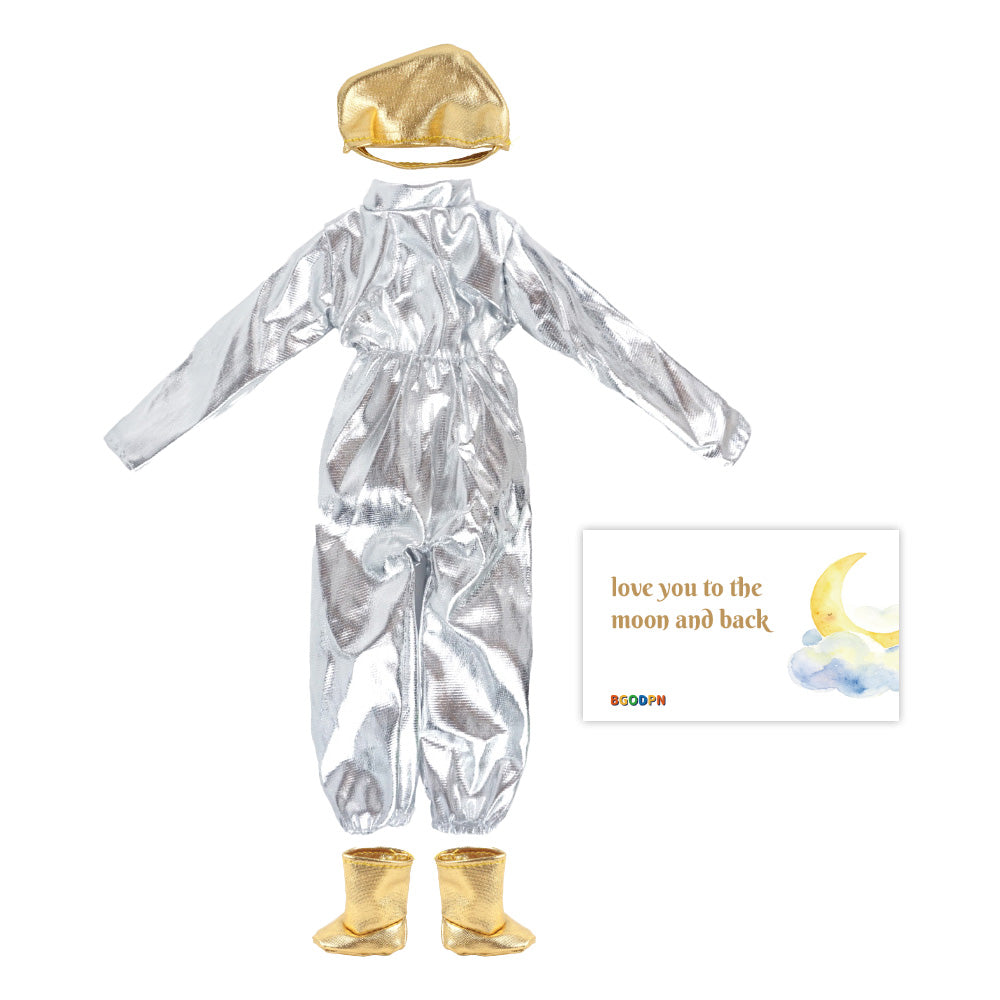 Christmas moon explorer elf costume set with silver astronaut outfit, accessories, and message card