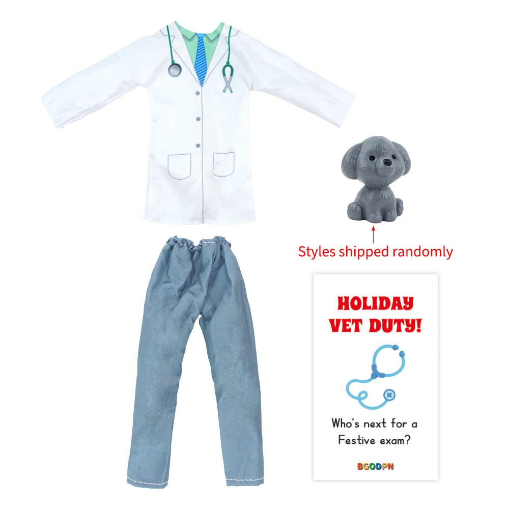 Christmas elf prop set with doctor coat, pants, mini dog figure, and activity card for holiday elf scene display