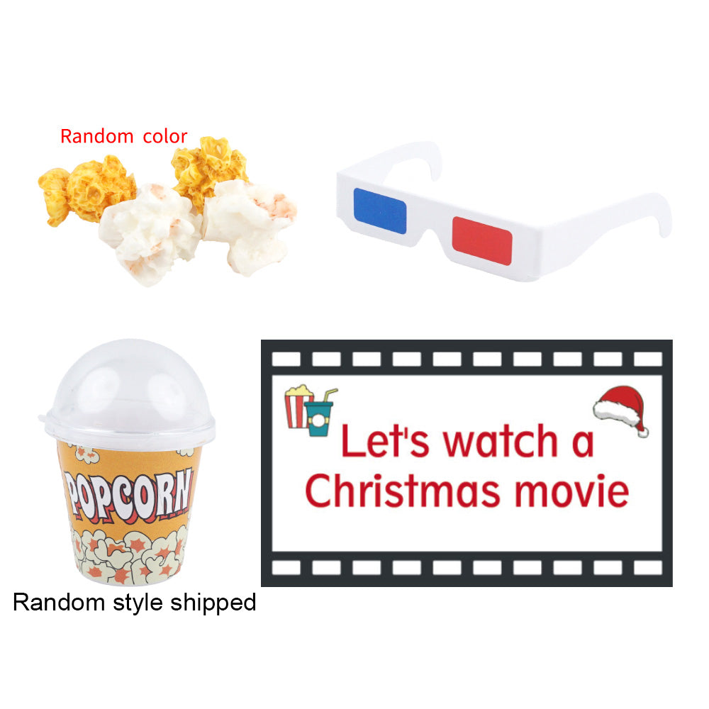 Movie Night Holiday Set - Holiday Elf Props with Popcorn Cup, 3D Glasses and Christmas Sign Card