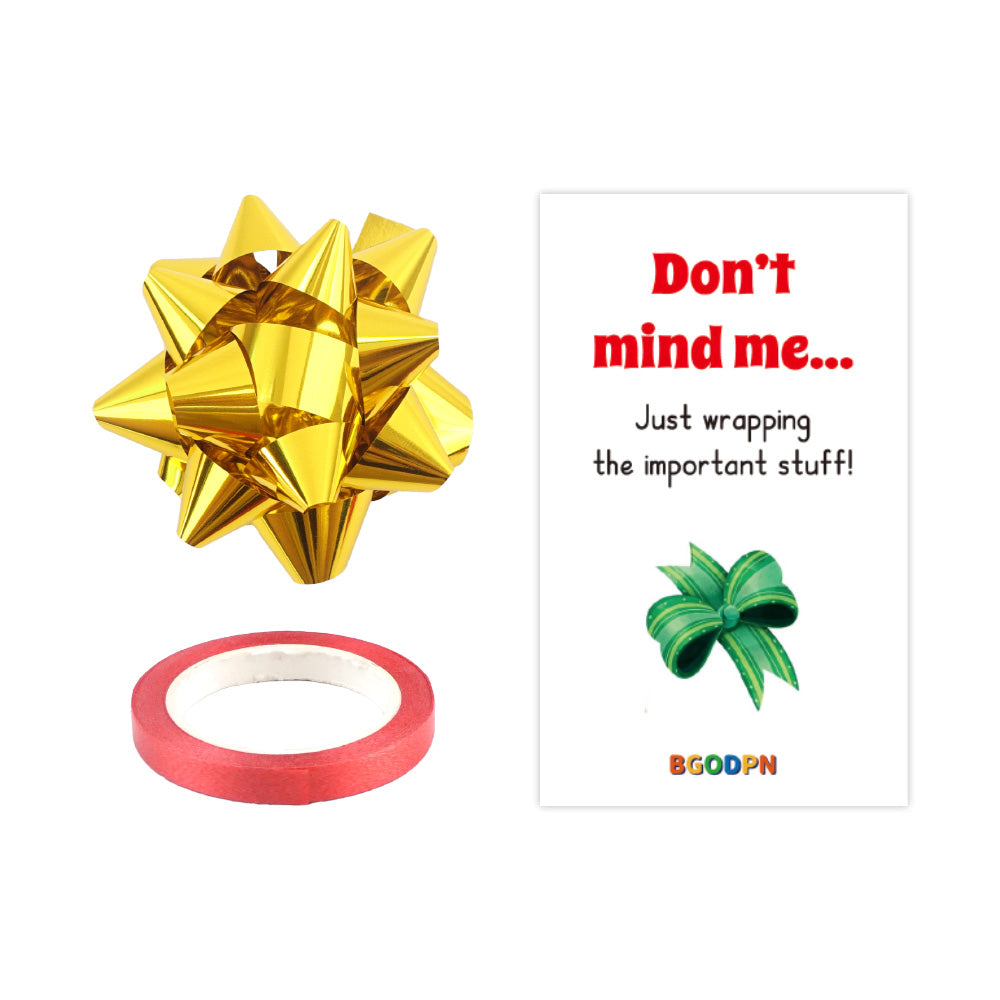 Christmas elf prop set with gold gift bow, red tape roll, and activity card for holiday elf scene display