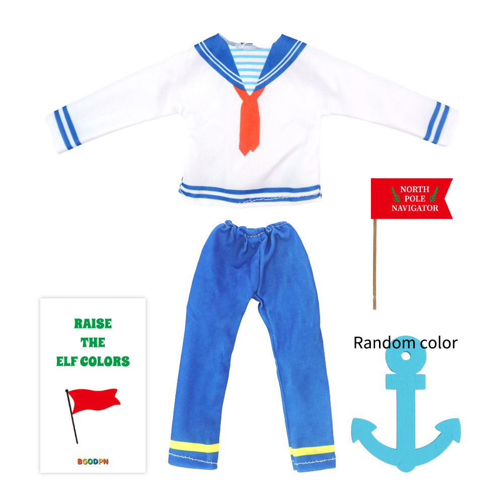 Christmas elf prop set with sailor shirt, blue pants, red flag, card, and anchor for a holiday elf display