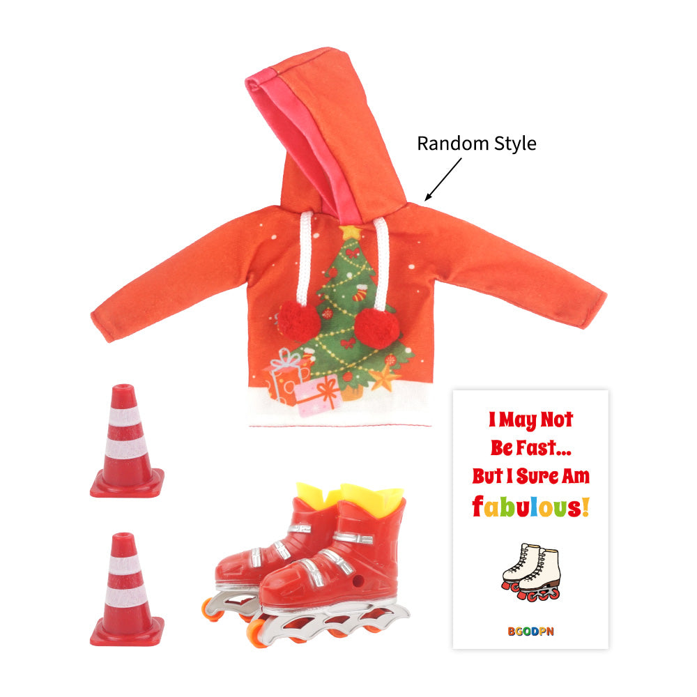 Christmas elf prop set with a tree-print hoodie, roller skates, cones, and activity card.
