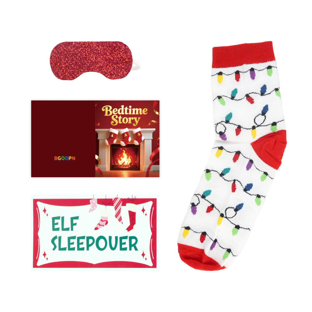 Christmas elf prop set with holiday sock, bedtime story card, sign, and sleep mask for a holiday elf display.