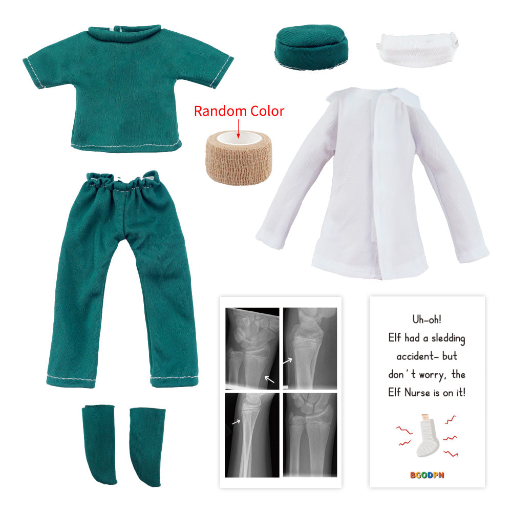Christmas elf prop set with green outfit, white coat, bandage roll, and cards for a holiday elf display.
