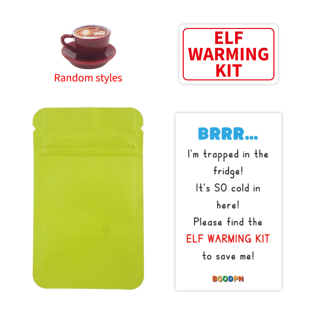 Christmas elf prop set with warming pouch, mini hot drink cup, warning sign, and activity card for holiday elf scene display