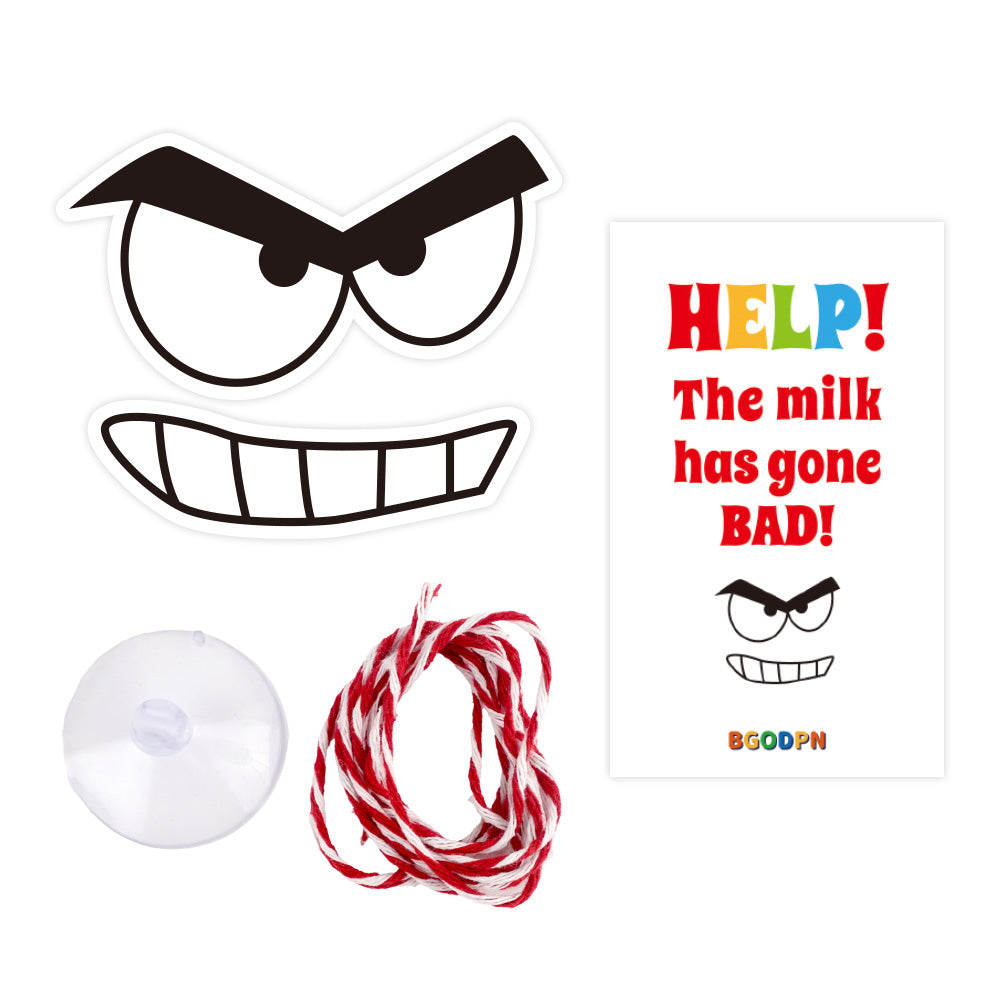Christmas elf prop set with milk bottle sticker, suction cup string, and activity card for holiday elf scene display