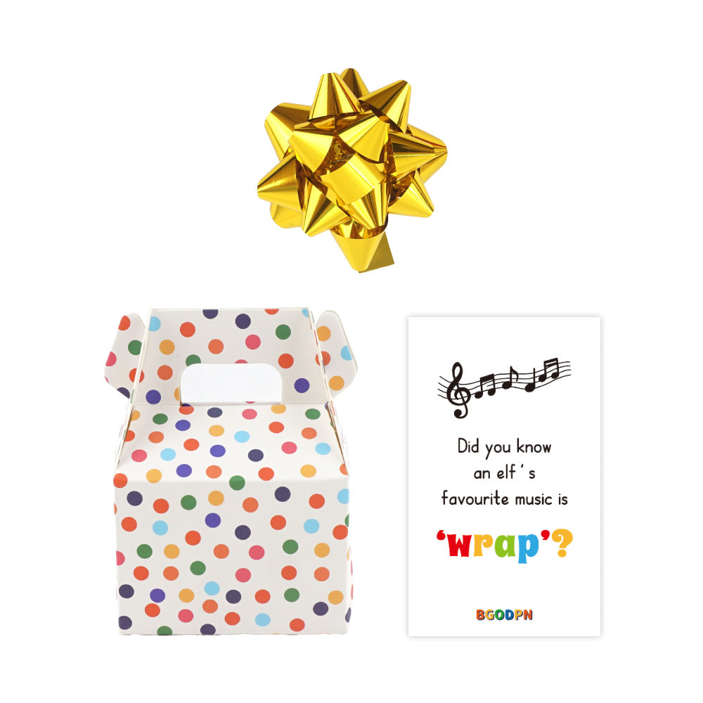 Christmas elf prop set with polka dot gift box, gold gift bow, and activity card for holiday elf display