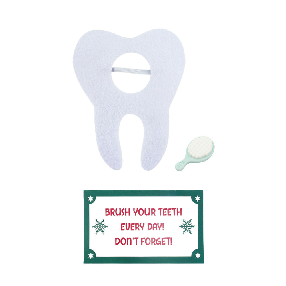 Christmas elf prop set with tooth costume, toothbrush, and reminder card for a holiday elf display.