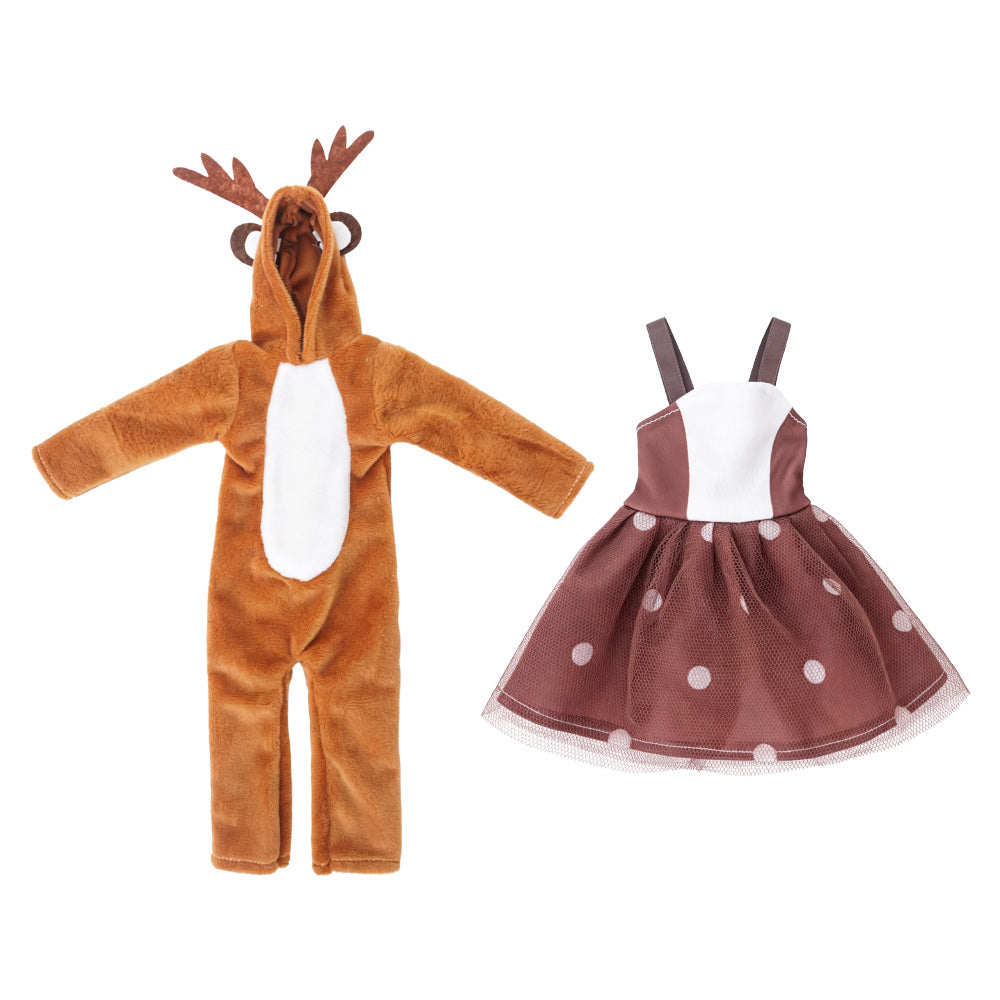 Christmas elf prop set with a brown reindeer jumpsuit, antler hood, and polka-dot holiday dress.
