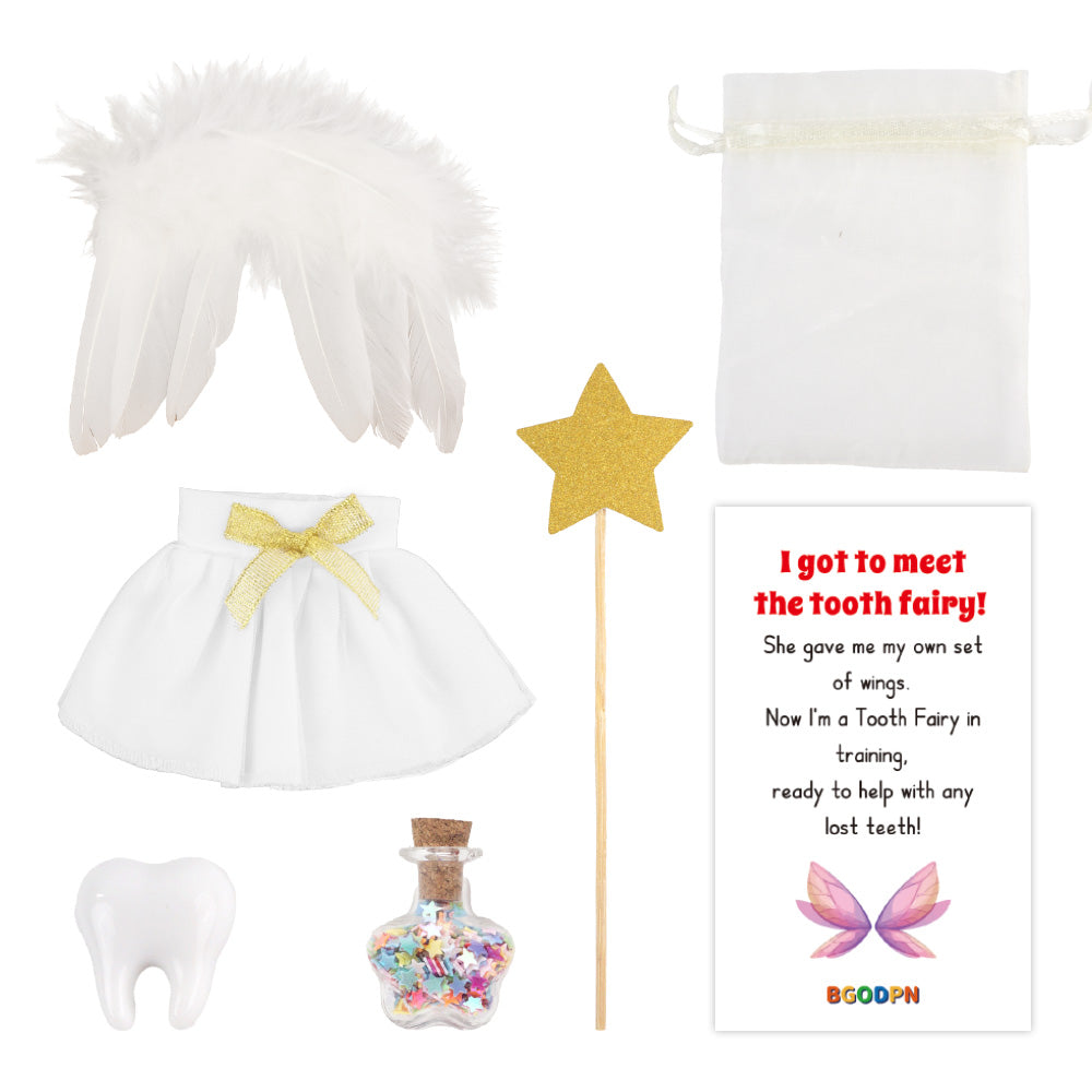 Christmas elf prop set with wings, skirt, star wand, tooth prop, star jar, and activity card for holiday elf scene display