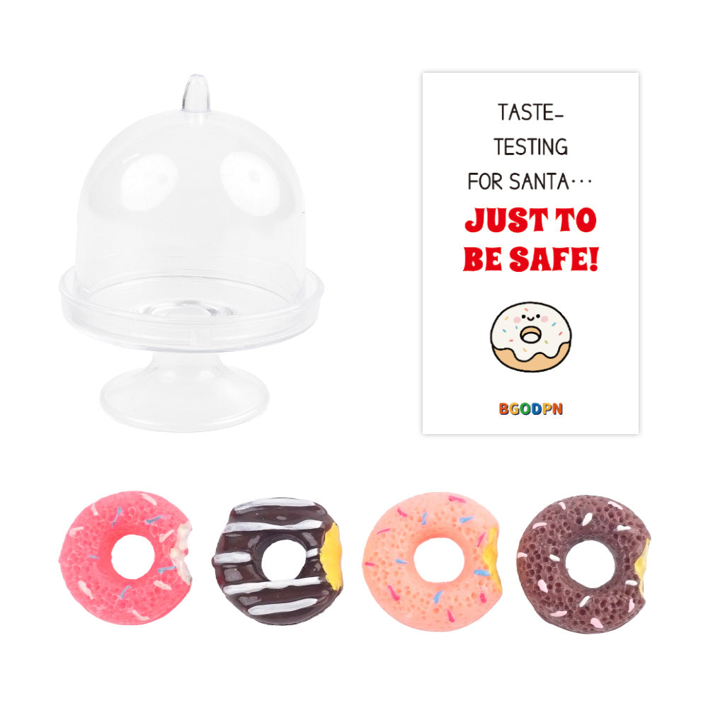 Christmas elf prop set with mini cake dome, 4 donuts, and activity card for holiday elf scene display