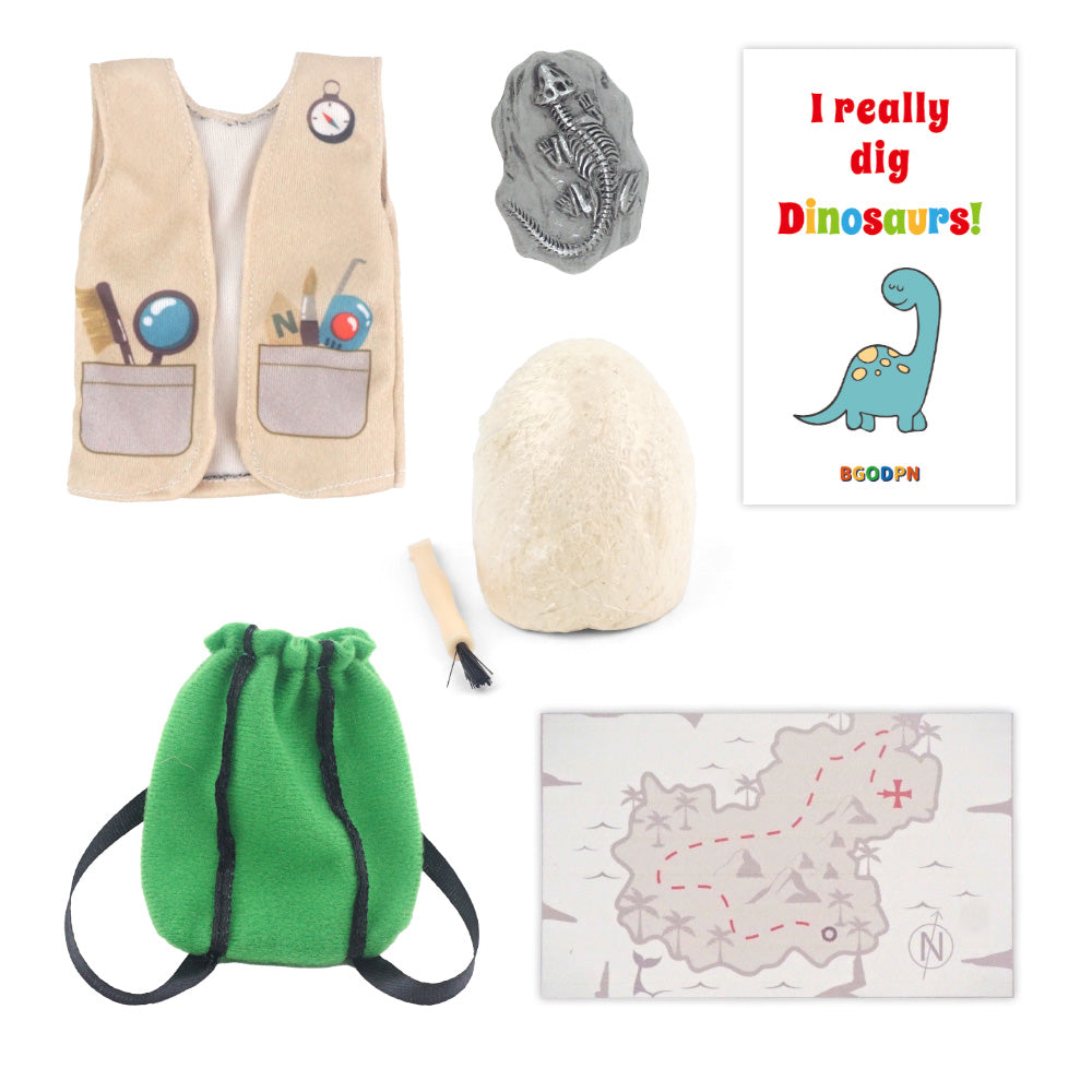 Dinosaur Explorer Props Set - Holiday Elf Props with Dinosaur Egg, Explorer Vest, Drawstring Bag, Map and Fossil Figure