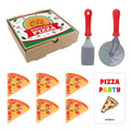 Christmas elf prop set with pizza box, pizza slices, pizza cutter, spatula, and activity card for holiday elf scene display