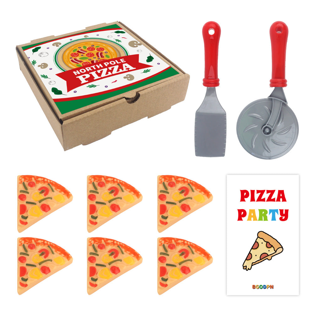 Christmas elf prop set with pizza box, pizza slices, pizza cutter, spatula, and activity card for holiday elf scene display