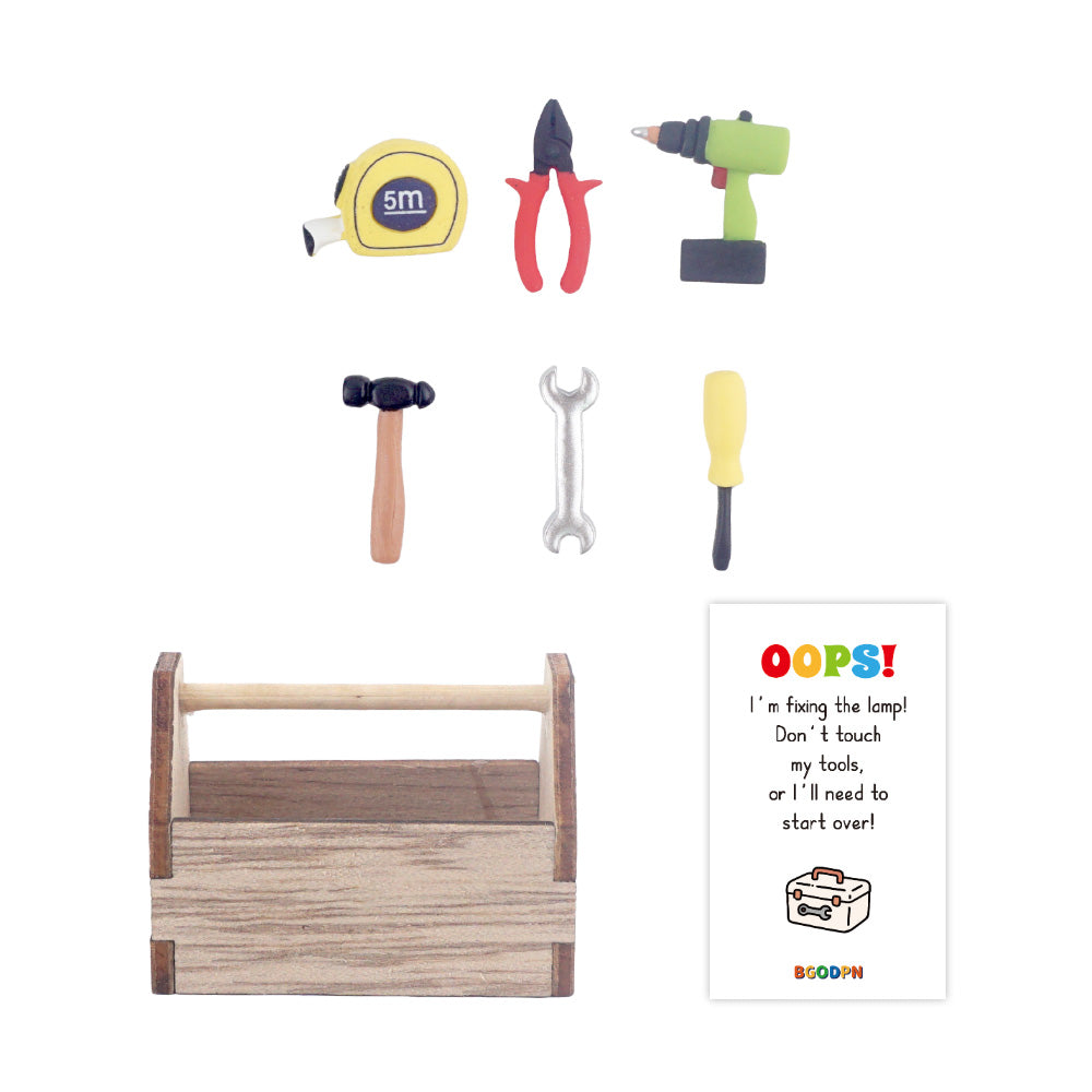 Christmas elf prop set with wooden tool box, mini tools, and activity card for holiday elf display