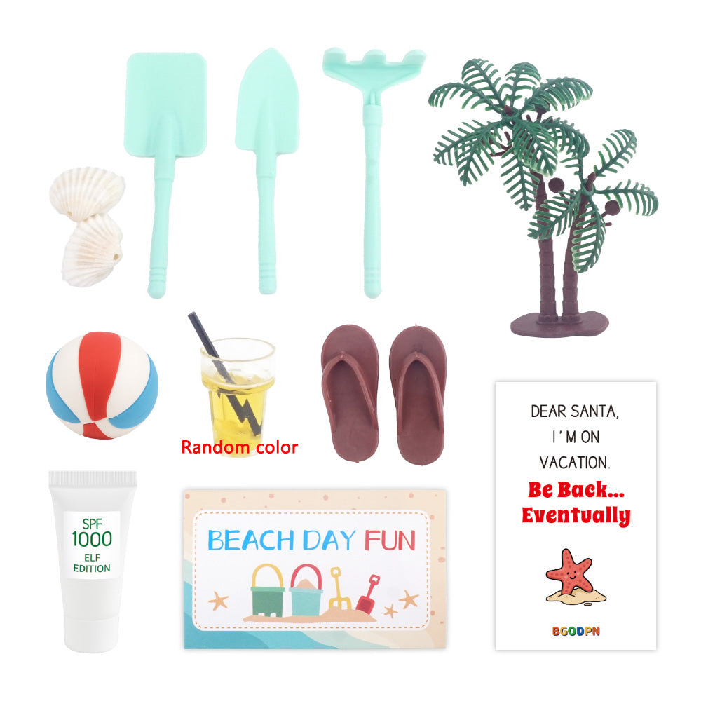 Christmas elf prop set with beach ball, mini tools, flip flops, palm tree, and activity cards for holiday elf scene display