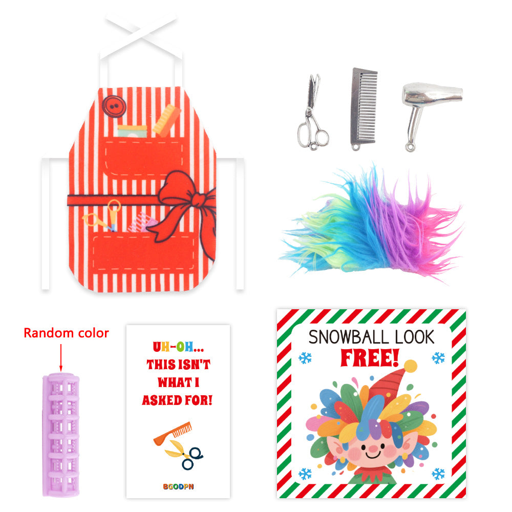 Christmas elf prop set with barber apron, colorful wig, hair roller, salon tools, and activity cards