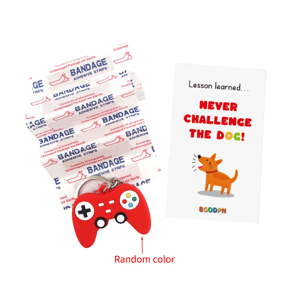 Christmas elf prop set with game controller keychain, bandage strips, and activity card for holiday elf scene display