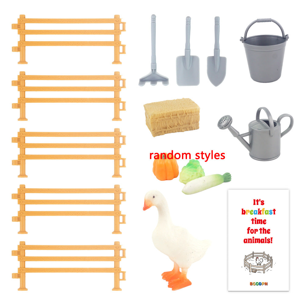 Christmas elf prop set with farm fence, wheelbarrow, tools, mini vegetables, goose figure, and activity card for holiday elf scene display
