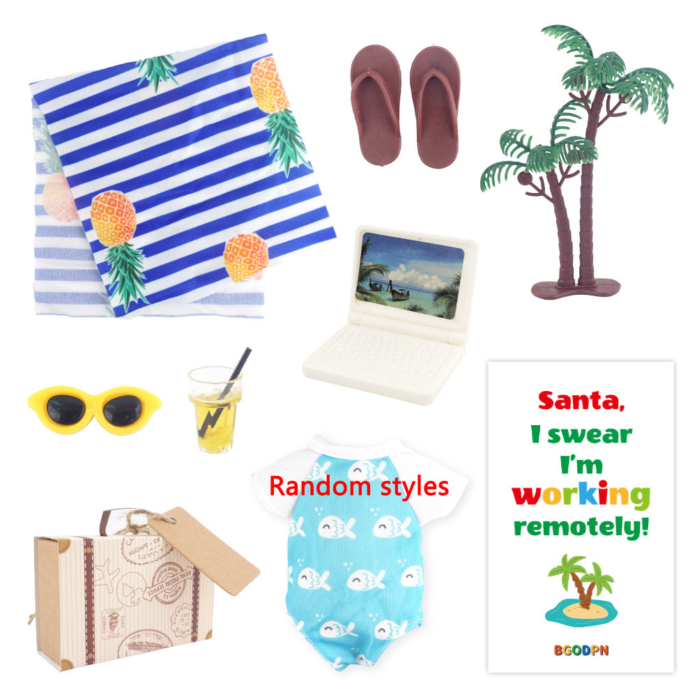 Christmas elf beach scene prop set with laptop, suitcase, swimsuit, towel and activity card