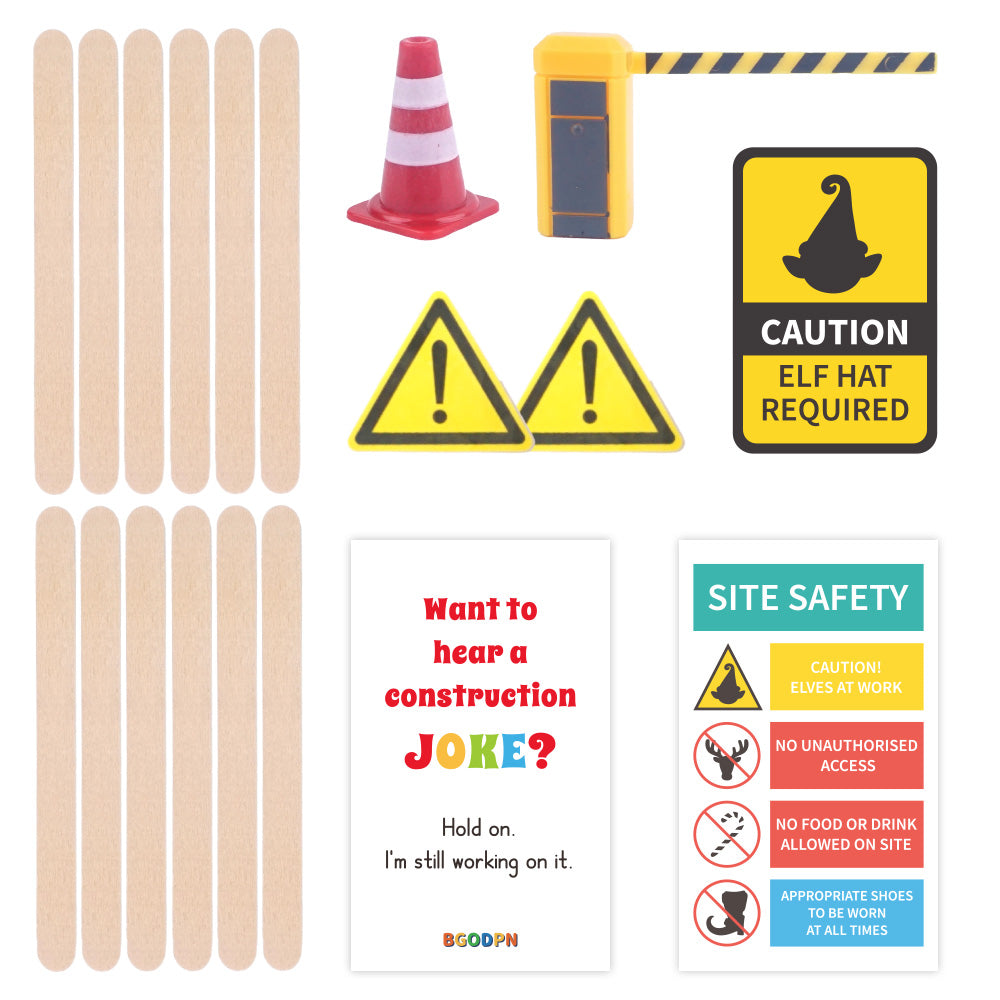 Christmas elf prop set with wooden craft sticks, traffic cone, parking gate, warning signs, and activity cards for holiday elf scene display