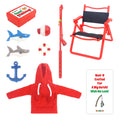 Christmas elf prop set with red hoodie, fishing rod, mini sharks, buoy, anchor, chair, and activity card for holiday elf scene display