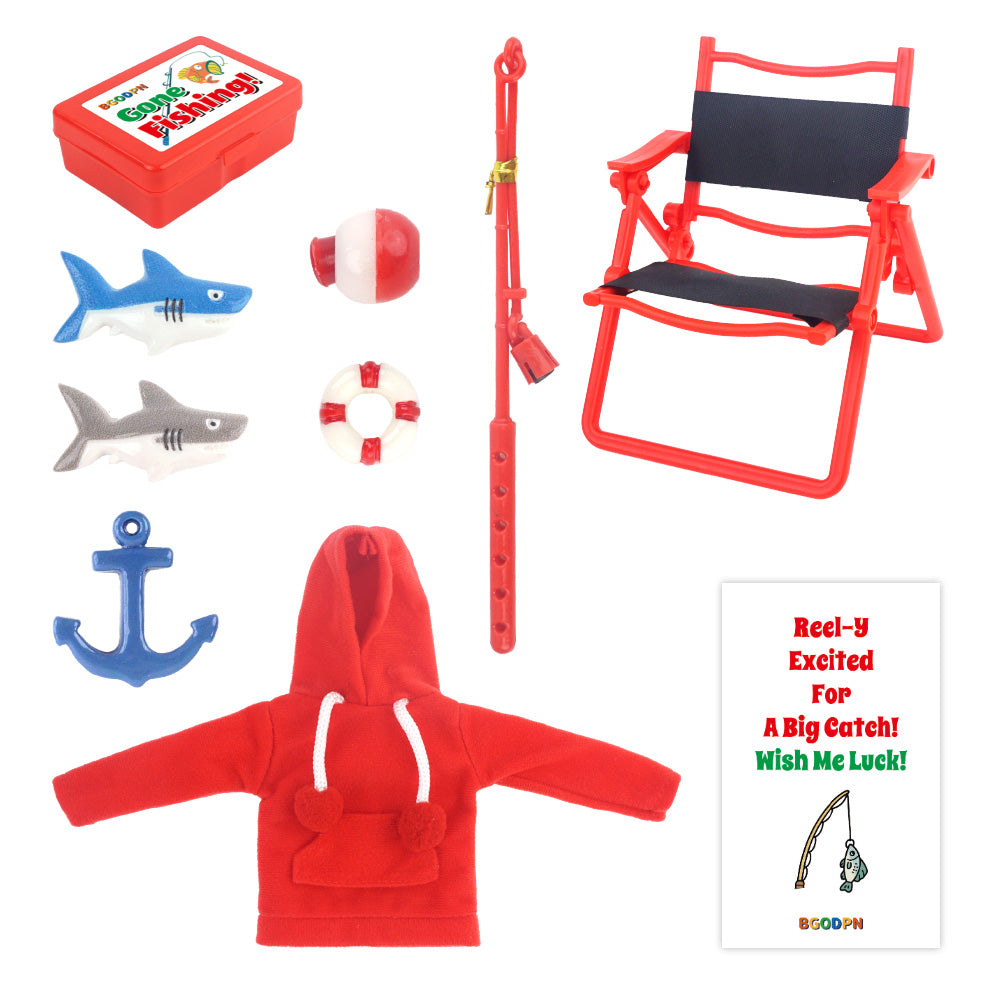Christmas elf prop set with red hoodie, fishing rod, mini sharks, buoy, anchor, chair, and activity card for holiday elf scene display