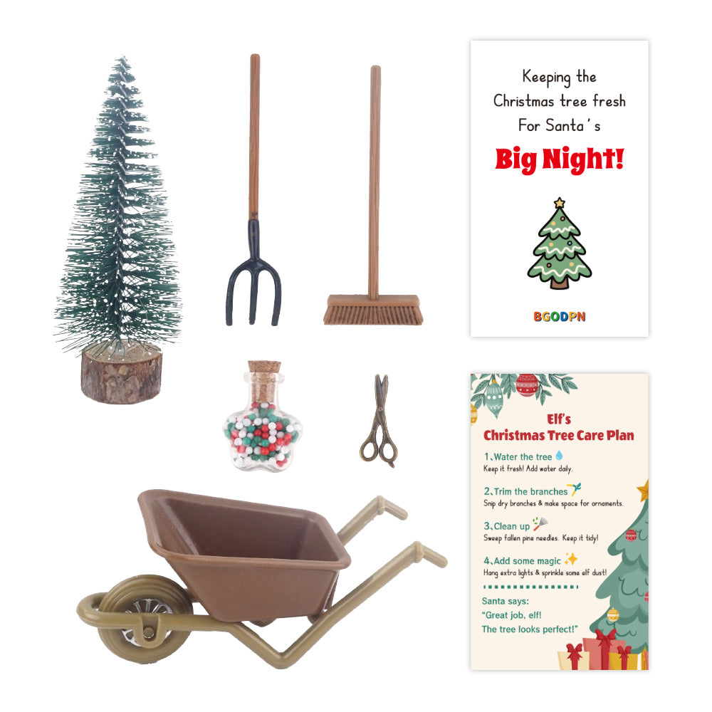 Christmas elf prop set with mini tree, wheelbarrow, tools, star jar, and activity cards for holiday elf display